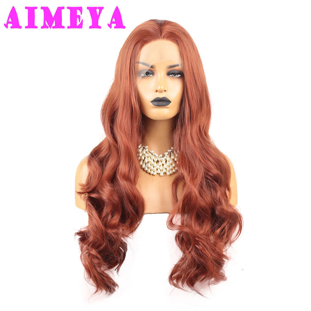 AIMEYA Copper Red Long Body Wave Front Synthetic Lace Wig For Women Heat Resistant Hair Cosplay Daily Use