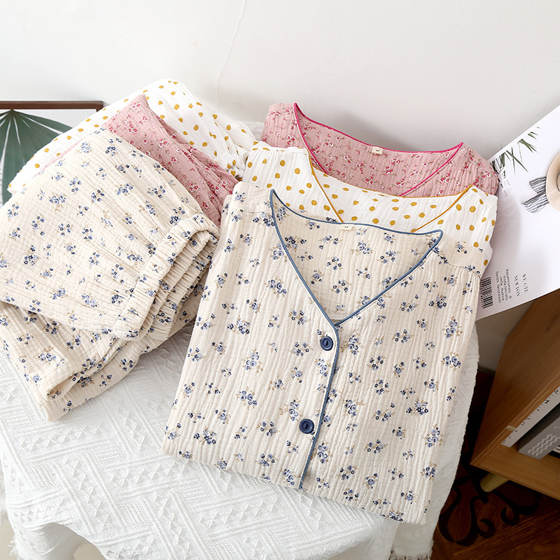 Autumn Winter Women's Pamas Blue Wers Long-Sleeved Trousers Home Clothes Gauze Cotton V Neck Female Homewear Lady Pamas