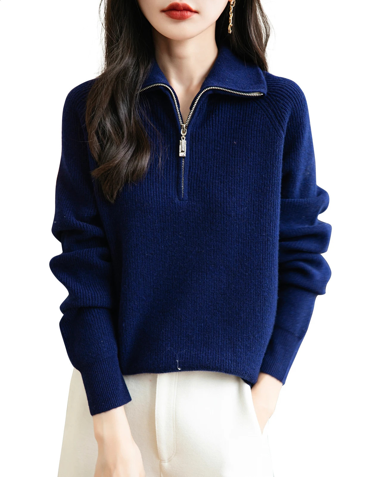 Turtleneck Womens Sweater 100% Merino Wool AutumnWinter Zipper Floral Casual Long Sleeve Knitted Top Clothing 240906