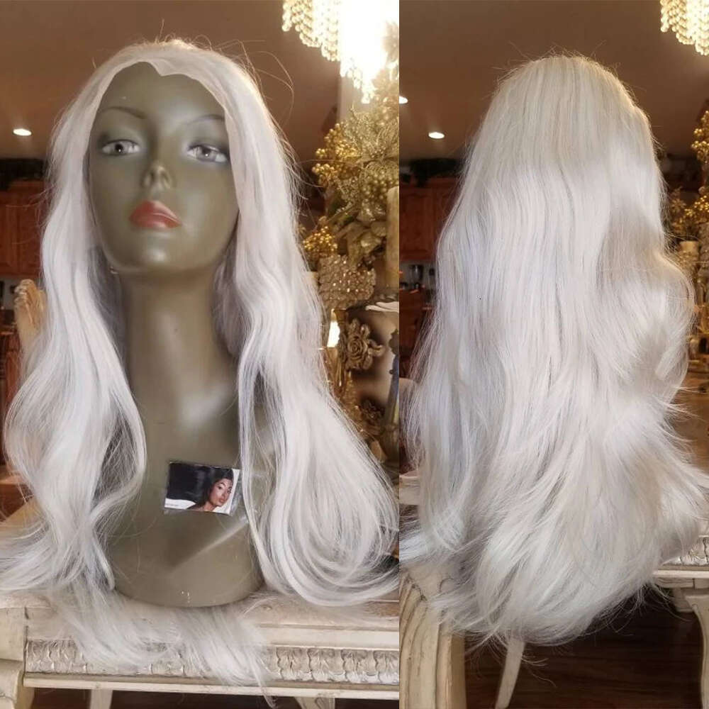 White Platinum Blonde Wavy Synthetic Lace Front Wig Heat Resistant Fiber 13X4 Daily Use/Cosplay 10% Human Hair Mixed