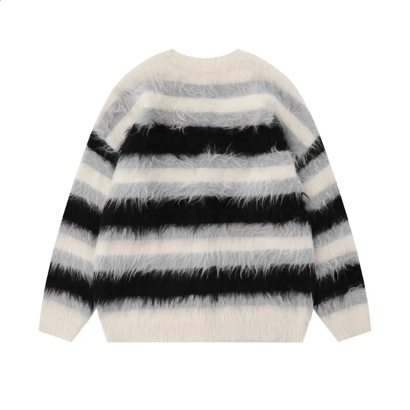 Striped plush Vneck sweater for women loose and casual brushed knit fashionable comfortable couples Harajuku street cardigan 240912