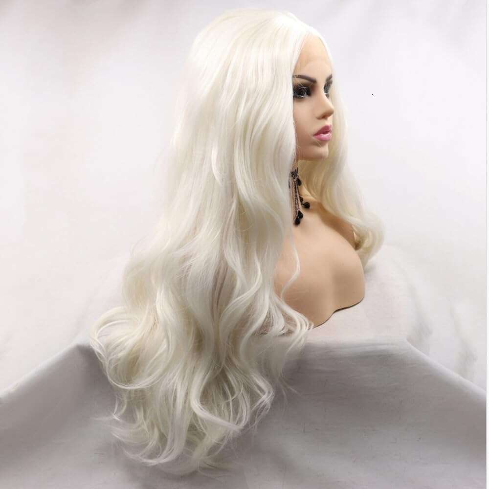Platinum Blonde Synthetic Lace Front Heat Resistant Fiber White Wavy Natural Looking Fashion Wigs Cosplay Daily Wear 28"