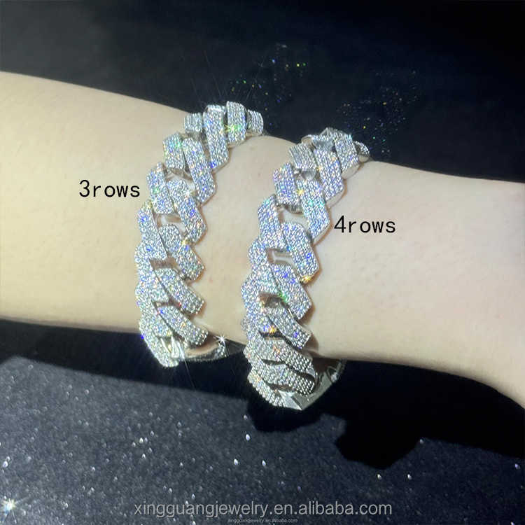 Custom cuban chain S925 sterling silver white gold plated 3rows 15mm 20mm cuban link heavy necklace vvs moissanite hip hop chain