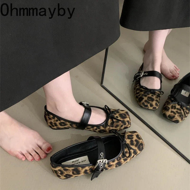 Leopard Print Women Mary Jane Shoes Fashion Shallow Butterfly-knot Flats Retro Style Ladies Comfort Soft Sole Ballerina Shoes 240904