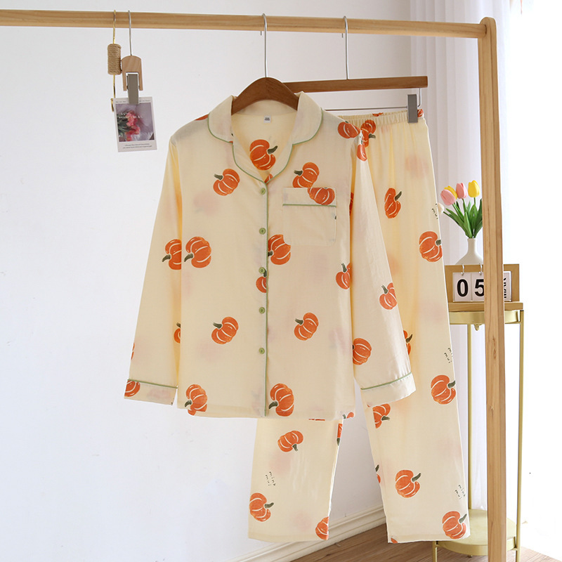 Pumpkin Print Pama Set - Women's Long Sleeve Cotton Trousers With Double Layer Gauze Thin Cardigan For Comfortable Homewear