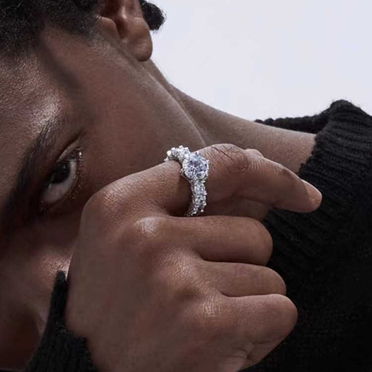 New Design Hip Hop Sier Round Cut D Color Moissanite Ring For Cuban Jewelry