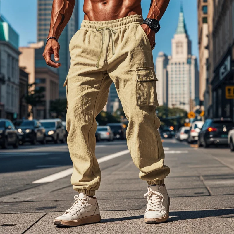 Autumn Daily Casual Breathable Cotton Pants Men Streetwear Fashion Multi Pockets Cargo Pants Vintage Mens Solid Color Pants 240913
