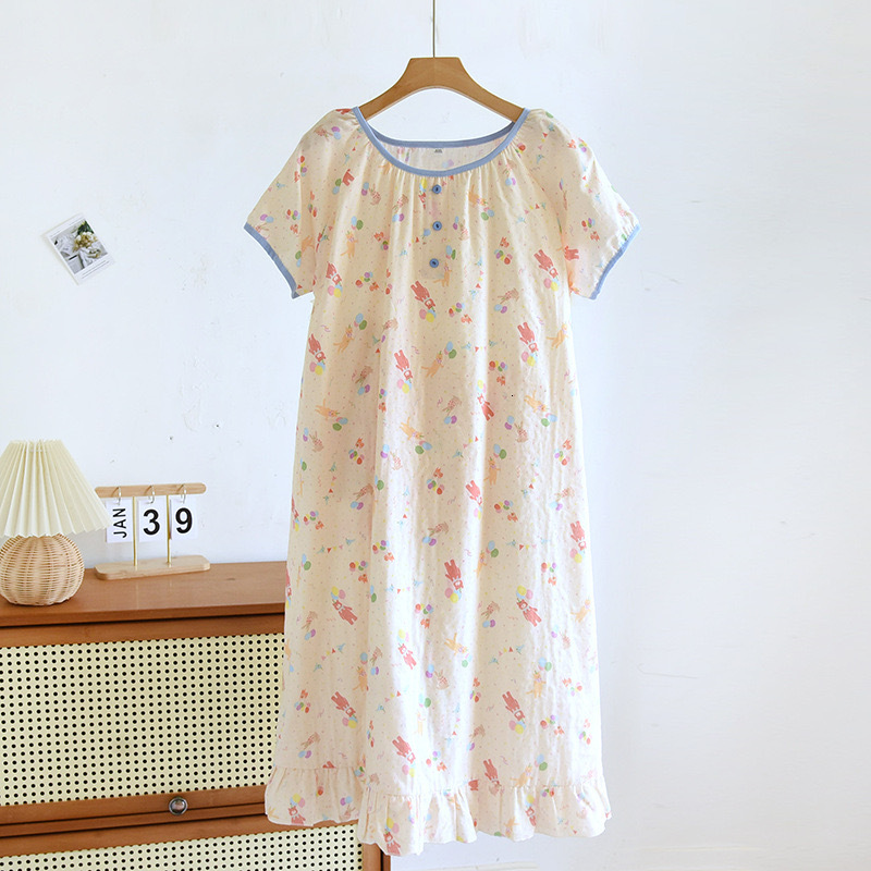 2024 Summer New Pamas 100% Cotton Nightdress Dress For Women Nightwear Home Sleepdress Round Neck