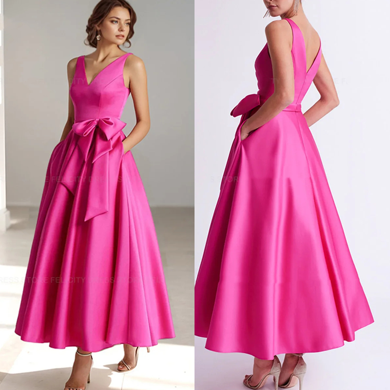 Ankle Length A Line Simple Mother Of The Bride Dresses With Pockets Bow V-Neck Sleeveless Fuchsia Satin Wedding Guest Dress Ladies Elegant Formal Part