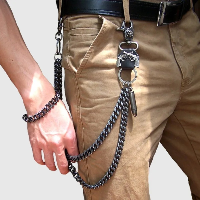 Hip hop punk jeans pants Trouser waist chain trend Rock mens skull Ghost head metal chain Double chain Bicycle keychain prop 240924