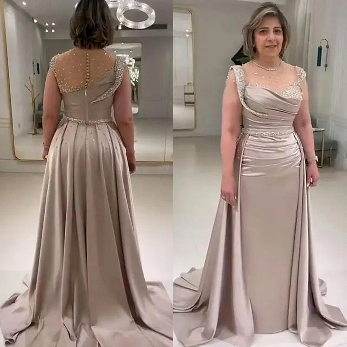 Elegant Mother Of The Bride Dresses Pleats Beaded Capped Sleeves Satin Long Wedding Party Dress With Detachable Skirt Champagne Evening Formal Gown Fo
