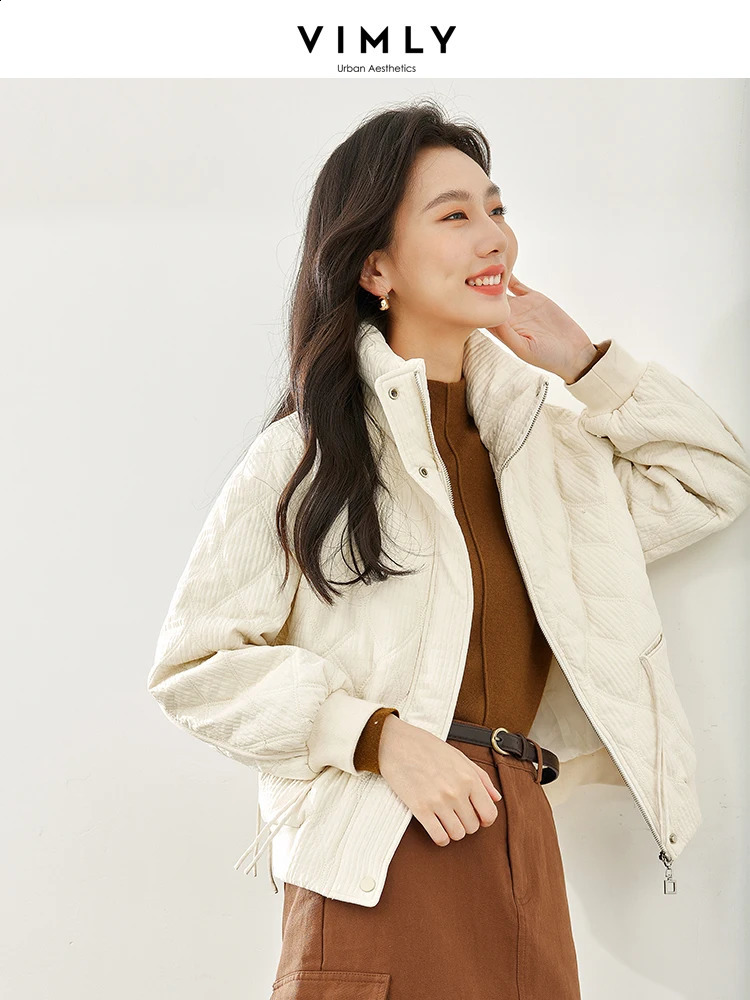 Vimly Cropped Argyle Quilted Jacket for Women Casual Straight Wide Loose Collar Zipper Thick Warm Winter Coat for Women M3613 240913