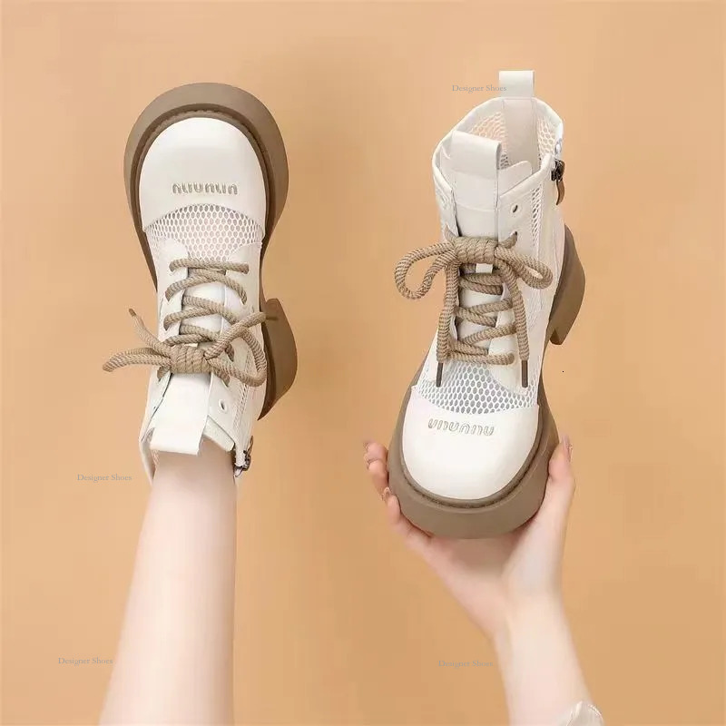 New 2024 Summer Mesh Martin Boots Womens Hollow Mid Heel Short Boots Thin Breathable Thick Sole Lace Cool Boots