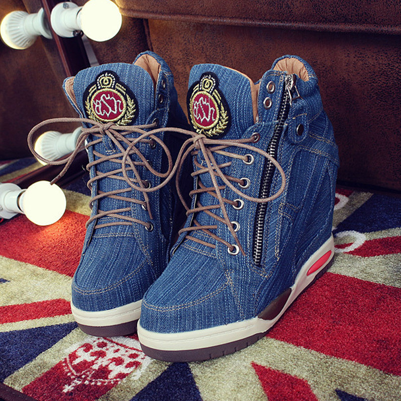 Women's Denim Wedges high top sneakers Platform Casual Fashion Woman Zipper Vulcanized Shoes Thick Bottom Big Size 41