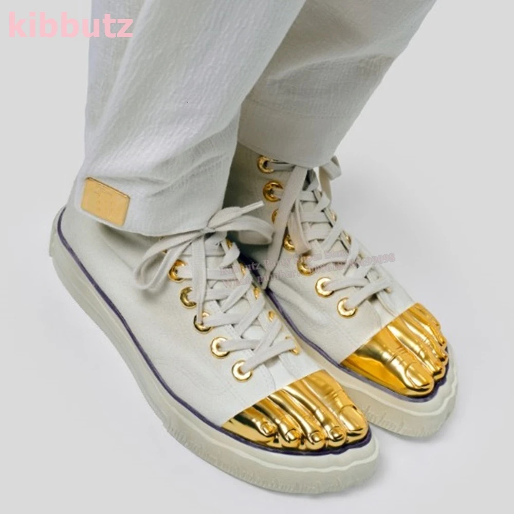 Five Finger Canvas Golden Brass Lace-Up Round Toe Height Increasing Fashion Sexy Novelty Concise Women Shoes Newest