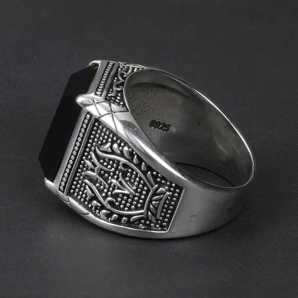 A genuine 925 sterling silver mens signature ring made of black agate natural stone vintage flowers carved punk rock and jewelry 240912