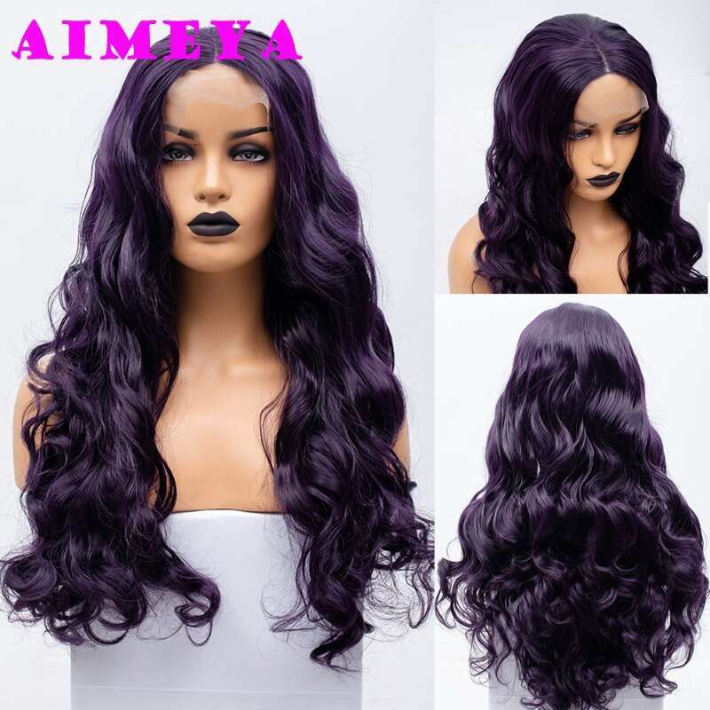 AIMEYA Dark Long Body Wave Synthetic Natural Haire Daily Wear Wigs Cosplay Purple Lace Front Wig