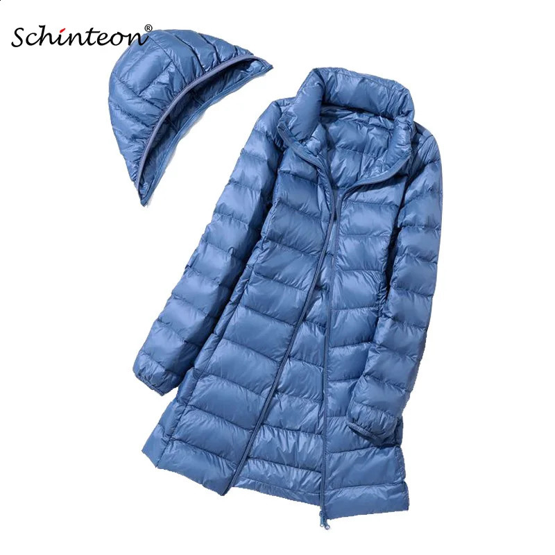 Schinteon M-7XL Womens Down Jacket Ultra Light White Duck Down Long Coat with Detachable Hood Ultra Thin Spring/Autumn Coat 240913