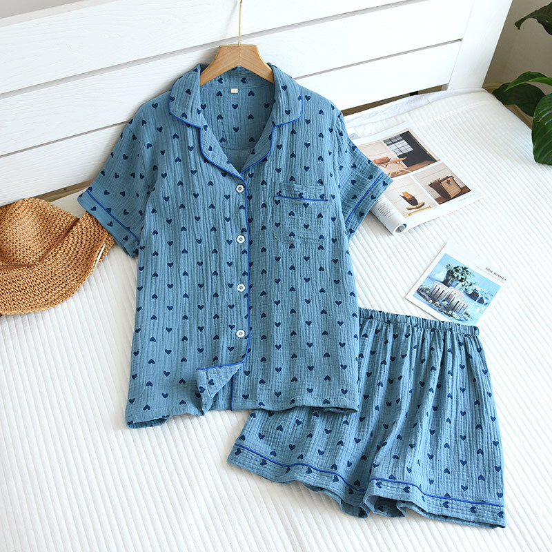 Summer 2-Piece Set 100% Cotton Gauze Short-Sleeved Heart Print Homewear Ladies Pamas Women Sleepwear