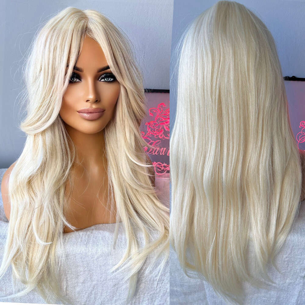 Blonde Wig Sexy Role Play Womens Long Layered 613 Fringe Bangs Realistic Human Hair Blends Straight Ladies Lace Front Wigs