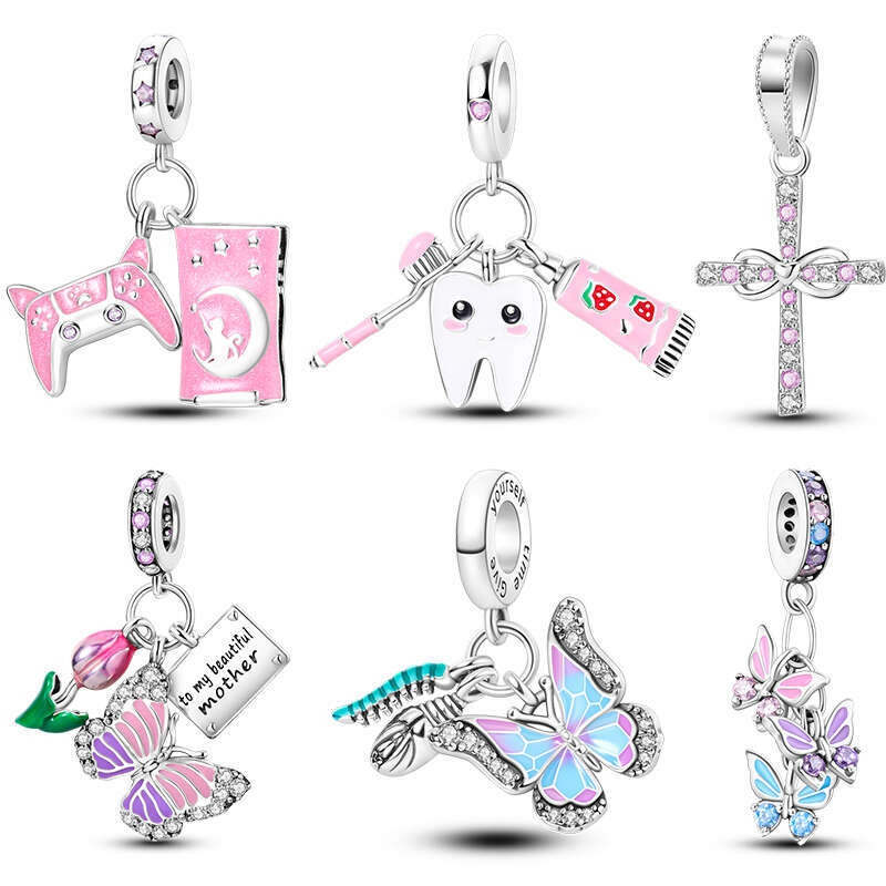 925 Sterling Silver Headphones Watch Butterfly Pink Charms Beads Fit Originals Bracelet For Women Jewelry Gifts