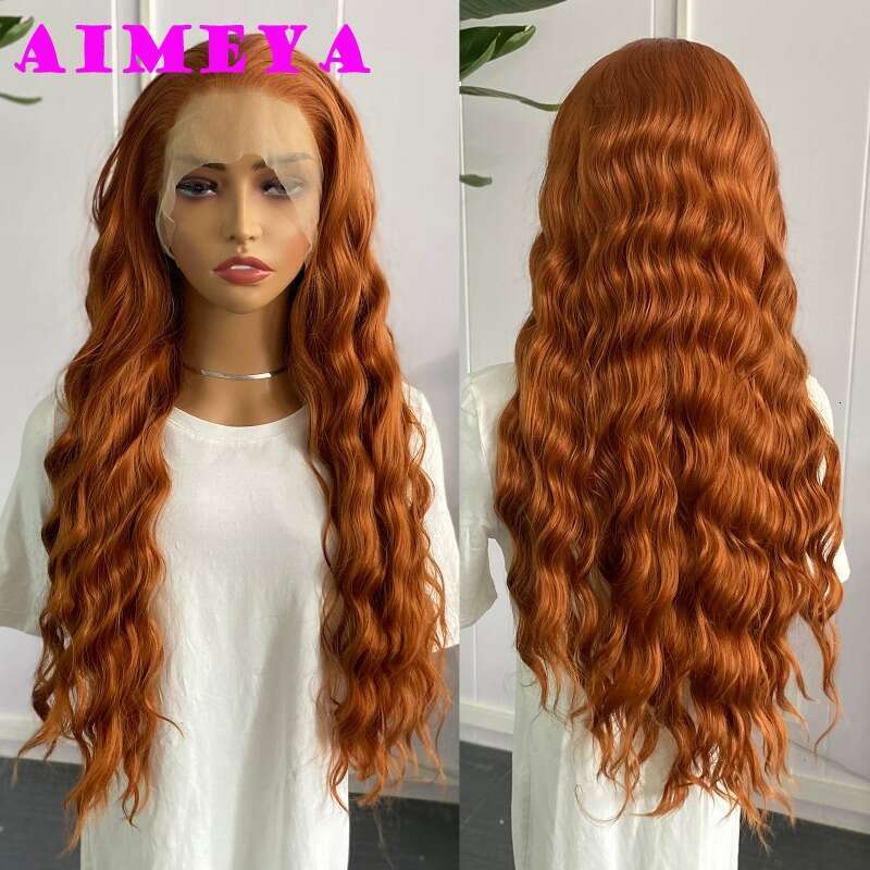 AIMEYA Ginger Lace Front Synthetic Long Body Wave Free Part Natural Haire Daily Use Orange Wig Heat Resistant Fiber