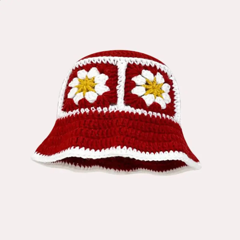 2023 Autumn Crochet Korean Handmade Bucket Hat Women Weaving Knitted Y2k Fashion Flowers Winter Beanies Basin Cap 240906