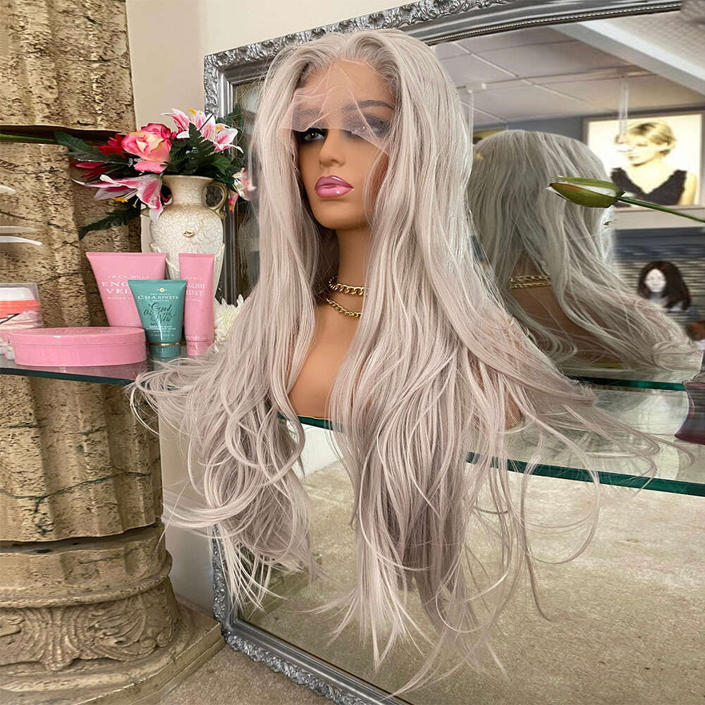 Heat Resistant Synthetic Hair Grey Front Wig Natural Straight Transparent Lace Wigs Long Thick Perfect For Daily Use/Party