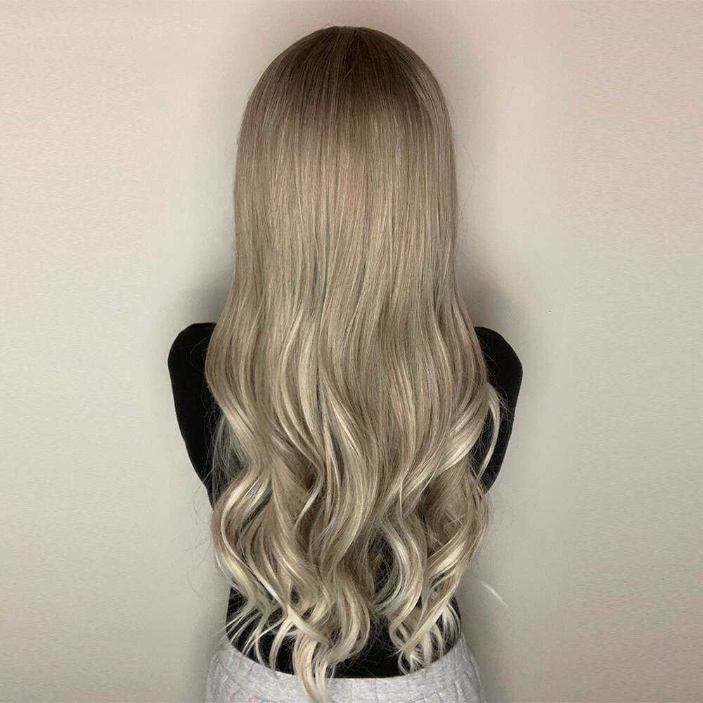 Dark Ash Blonde Highlight Synthetic Lace Front Wig Long Wavy Human Hair Wigs 10% Mixed Heat Resistant Daily Use For Women