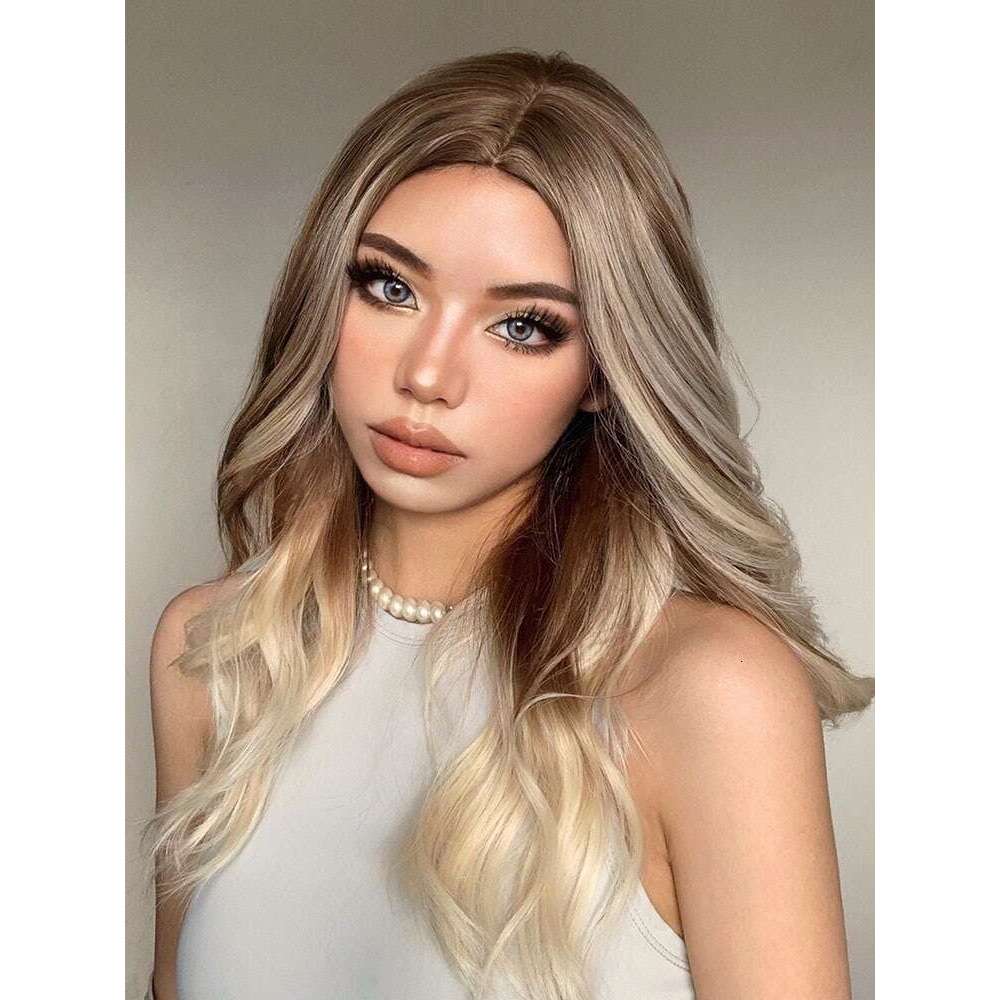 Highlight Synthetic Lace Front Dark Ash Blonde Layered Wavy Wig Human Hair Wigs 10% Mixed Heat Resistant Daily Cosplay