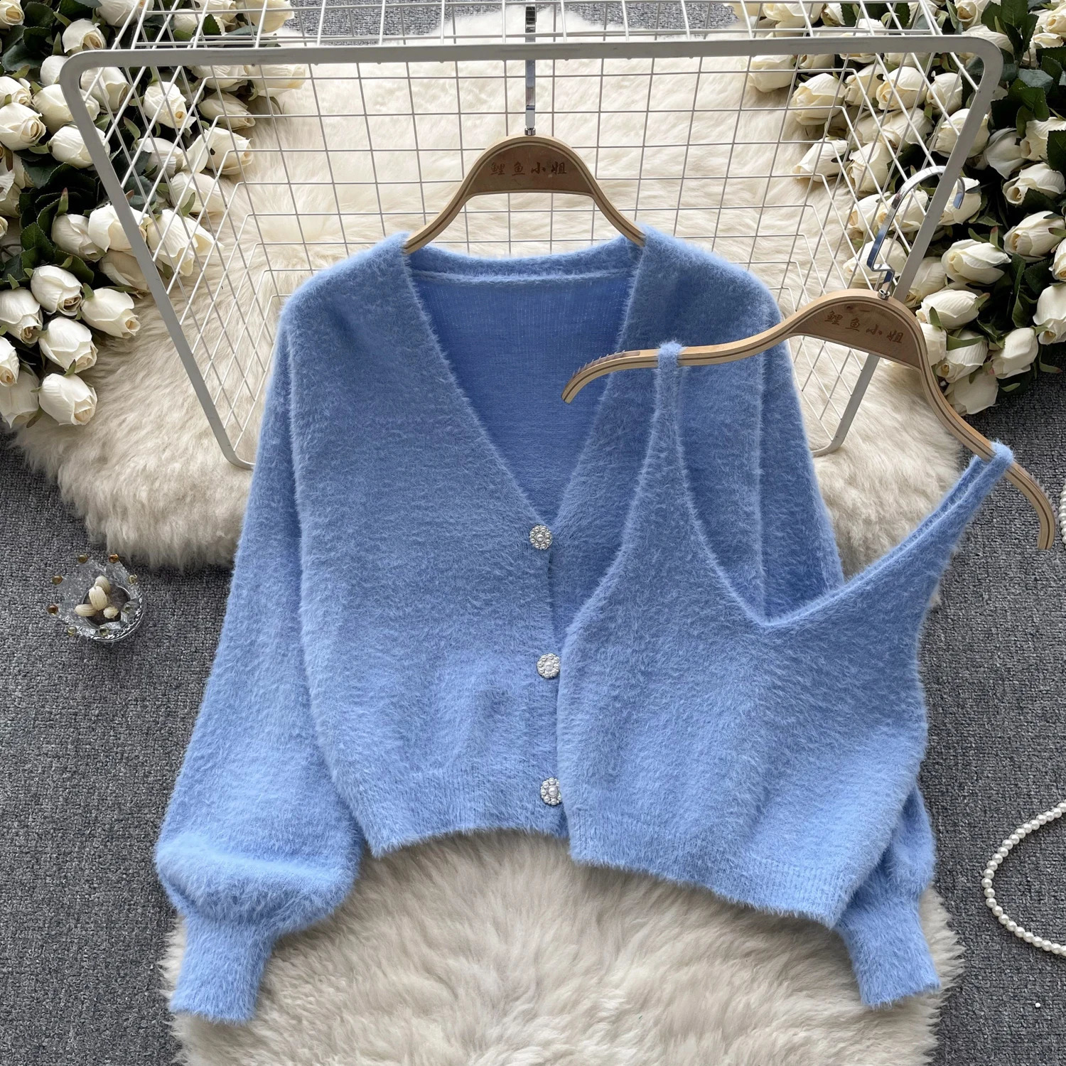 Sexy Chic Two Pieces Sets Off Shoulder Straps Short Camis Vest with High Street Button Plush Coat Autumn Winter Women Clothing 240905