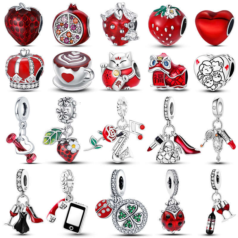 925 Real Sterling Silver Strawberry Lipstick Ladybird Red Charms Bead Fit Original Bracelets For women DIY Jewellery