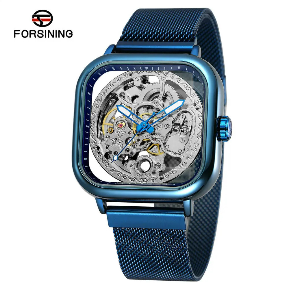 FORSINING Watch Men Skeleton Watches Magnetic Black Mesh Band Automatic Mechanical Wristwatches Men Casual Sports Watches 240906