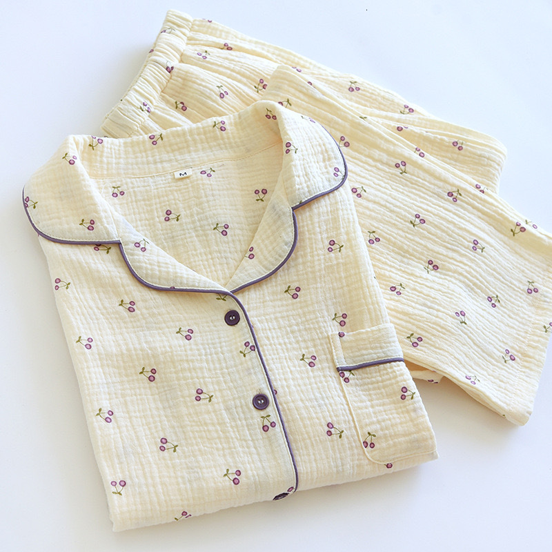 2023 100% Cotton Women's Pama Autumn Spring Long Sleeve Soft Sleepwear Cherry Print Pyjama Woman Home Nightwear Set Cardigan