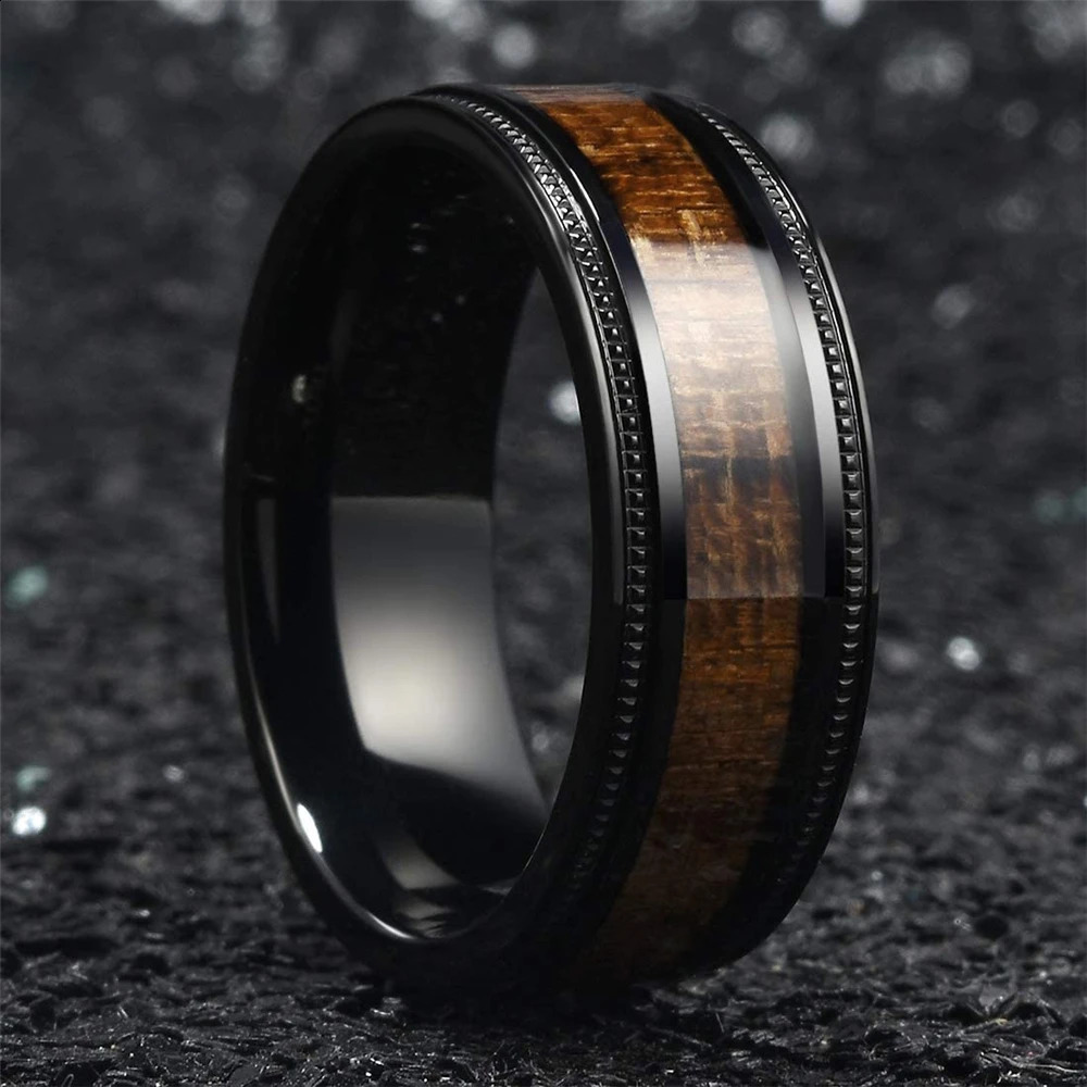 Fashion 8mm Black Tungsten Wedding Ring For Men Women Koa Wood Inlay Steel Engagement Rings Punk Mens Anniversary Jewelry Gifts 240906