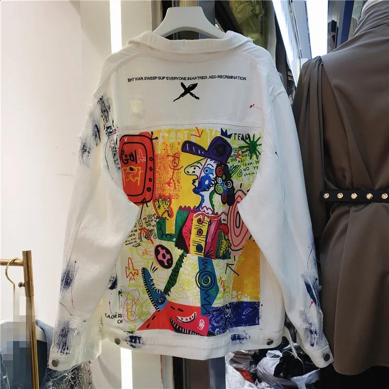 Hand drawn Graffiti Printed Womens Denim Jacket Spring and Autumn Casual Hole Jeans Jacket 240906