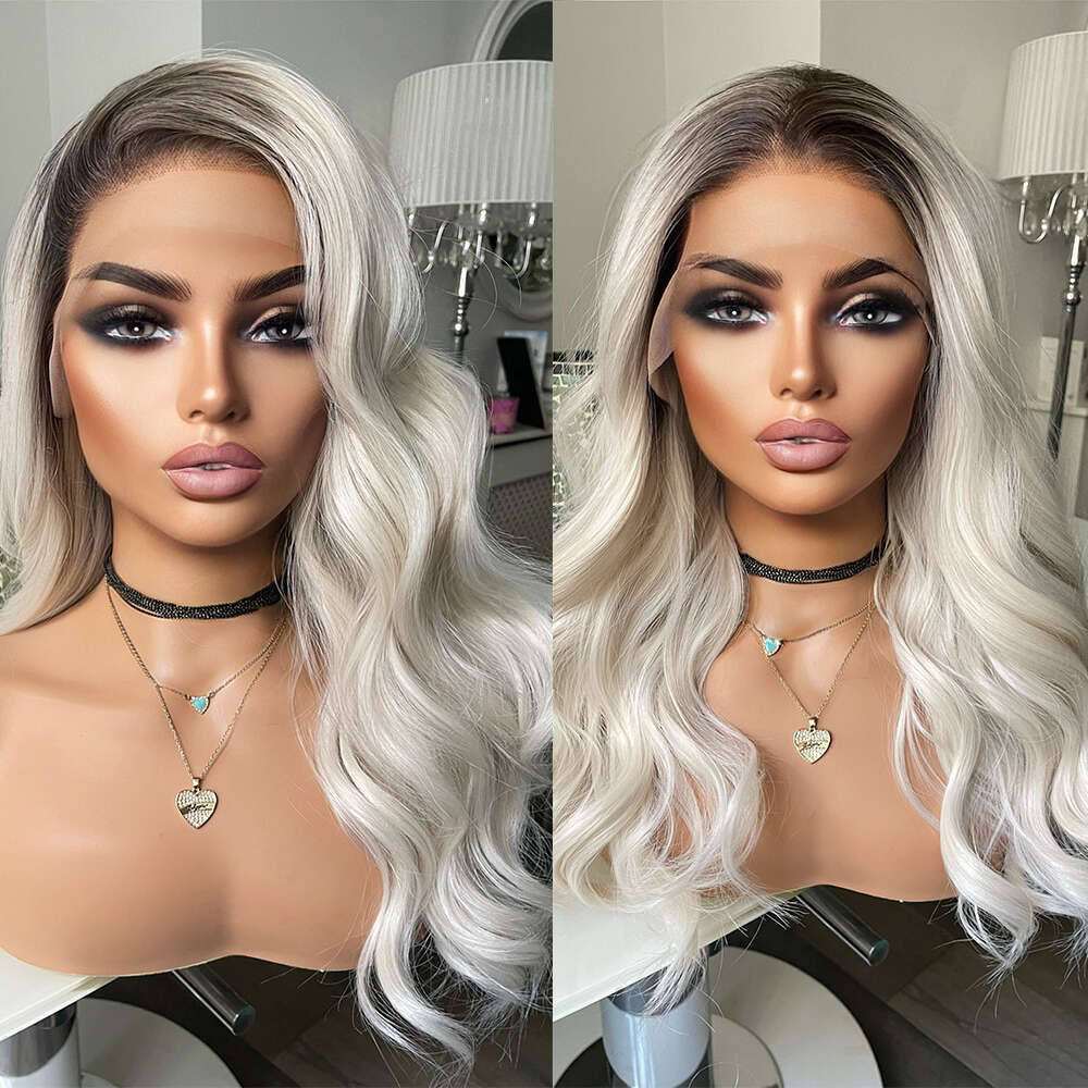 Ombre White Lace Front Wig With Dark Roots Heat Resistant Synthetic Wigs Realistic Natural Haire Free Style Daily Use Cosplay