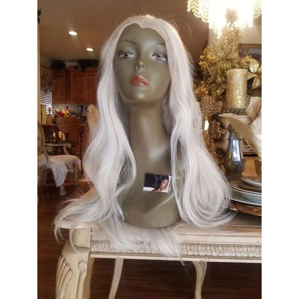 White Platinum Blonde Wavy Synthetic Lace Front Wig Heat Resistant Fiber 13X4 Daily Use/Cosplay 10% Human Hair Mixed