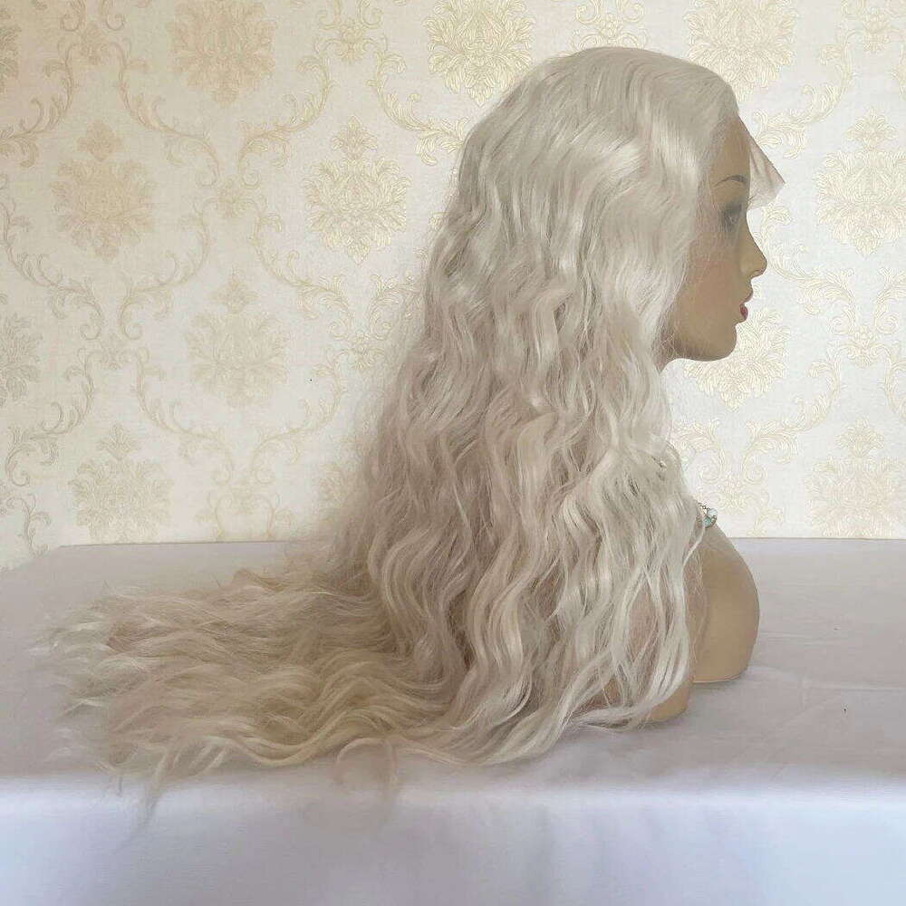 Icy Blonde Lace Front Wigs #60 Heat Resistant Long Loose Wave Human Hair Mixed Synthetic Fibers Daily Wear 28" 180%