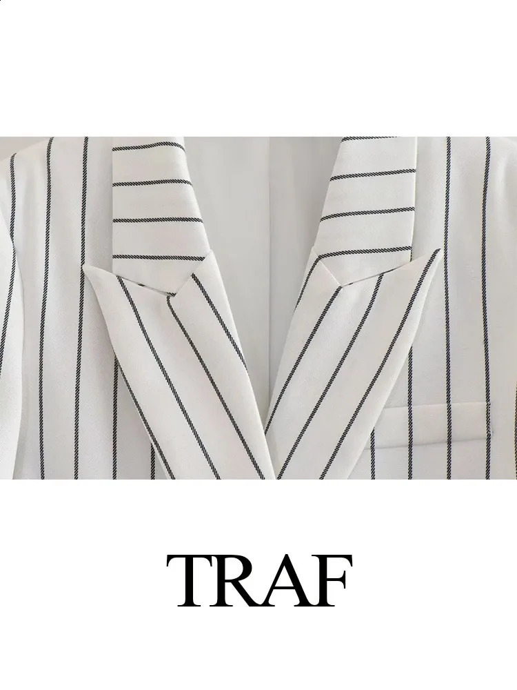 TRAF Women Fashion Autumn Coats Black And White Stripe Plus Size Double Breasted Office Lady Blazers Casual Loose Jackets Street 240910