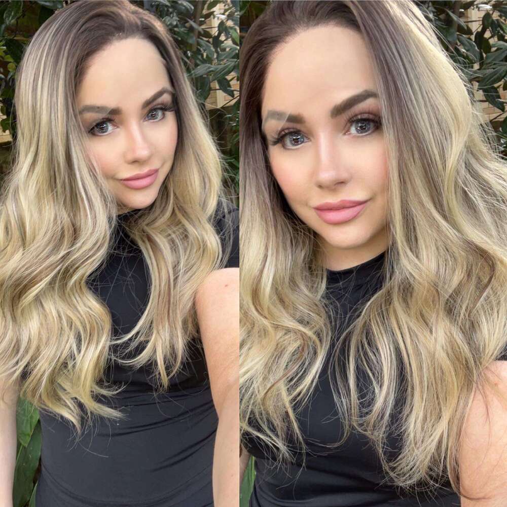 Dark Ash Brown Colored Synthetic Wigs Ombre Human Hair Mixed Lace Front For Women Daily Use Heat Resistant Long Wavy Wig