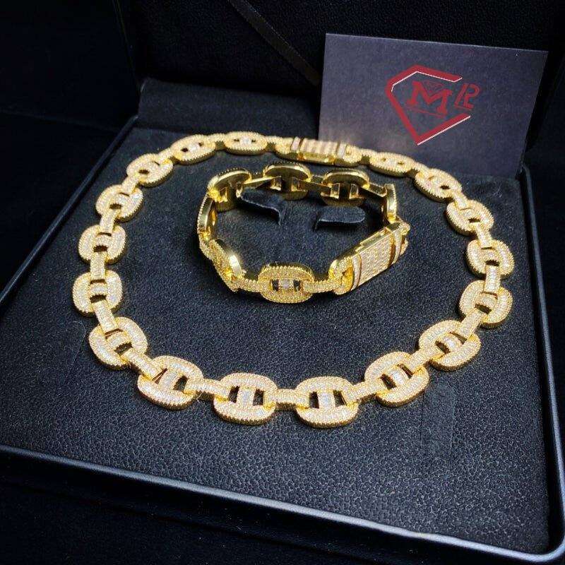 Hiphop 15Mm Gold Plated Sier Baguette Bracelet Necklace Set Miami Vvs Moissanite Cuban Link Chain