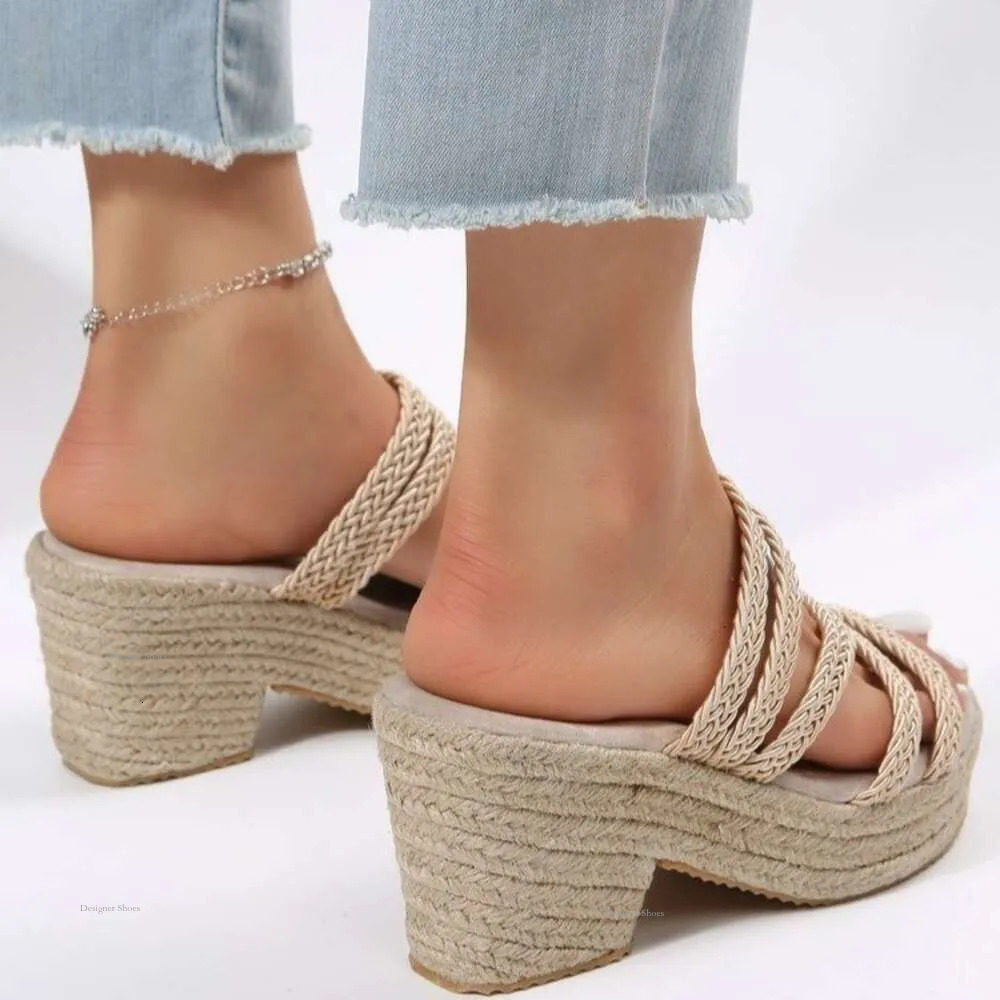 Size Summer Large Women's Linen Solid Color Woven Minimalist Ins Style Sandals, Slope Heel Sandals