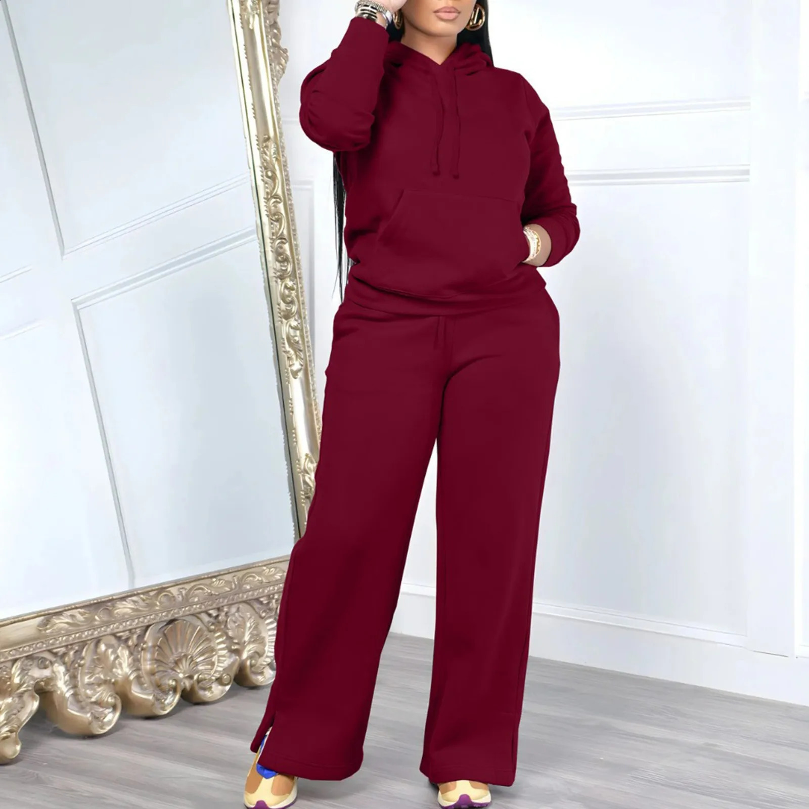 WomenS Pure Color Autumn Winter Pants Suit Fashion Warm Casual Hoodie Joggers Two Piece Set Quilted Ladies Outfits 240905