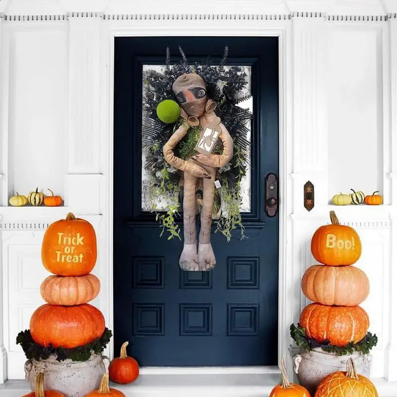 Beautiful Mummy Wreath Halloween Welcome Sign Door Wreath Front Door Ornament Scary Halloween Indoor Outdoor Decorations Wreath 240912