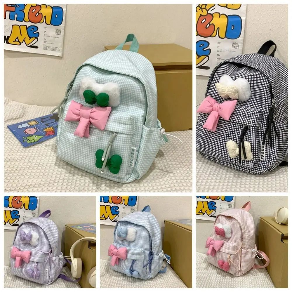 Large Capacity Cute Bow Backpack Solid Color Korean Nylon Student Backpack Grid Lightweight 240912