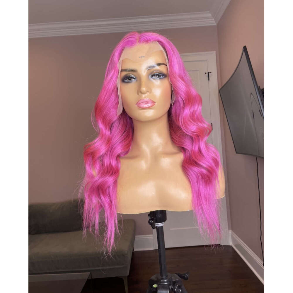Gorgeous Pink Lace Front Wig Highest Quality Synthetic Material Heat Protected 28 Inch Long Wavy Human Hair Blended Women Wigs