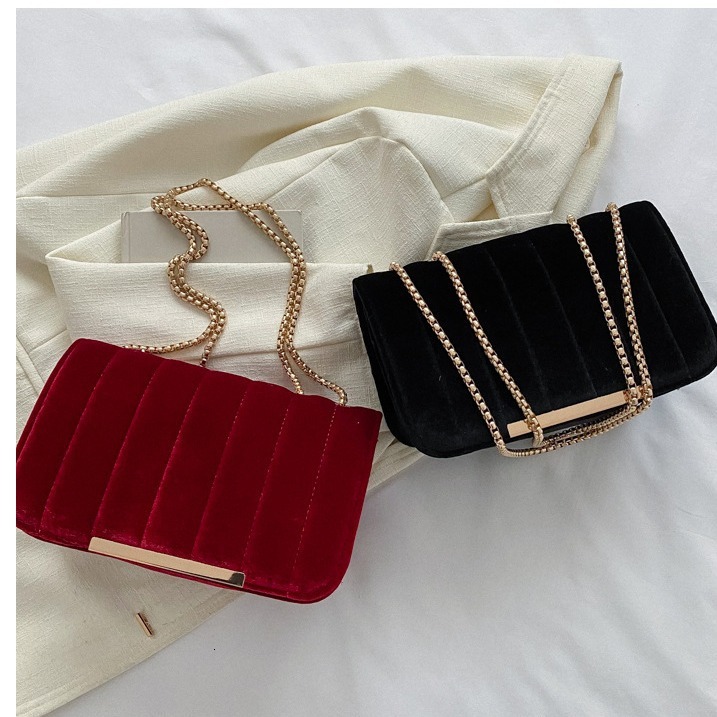 Bags Velvet Small Square 2024 Spring New Impression Gold Chain Single Shoulder Crossbody Bag Solid Color Handbag
