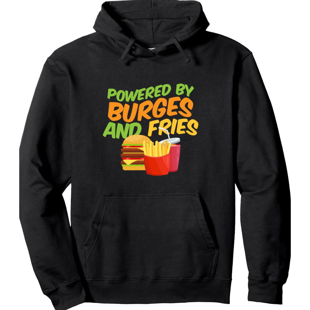 Hoodie for Mens Womens Powered By Burgers And Fries Fun Cool Cartoon Gift Pullover Hoodie Graphic Hoodies sweatshirt Pullover Long Sleeve