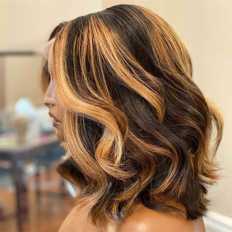Short Ombre Blonde Bob Wig Honey Body Wave Human Hair Brown Synthetic Lace Front Wigs For Women